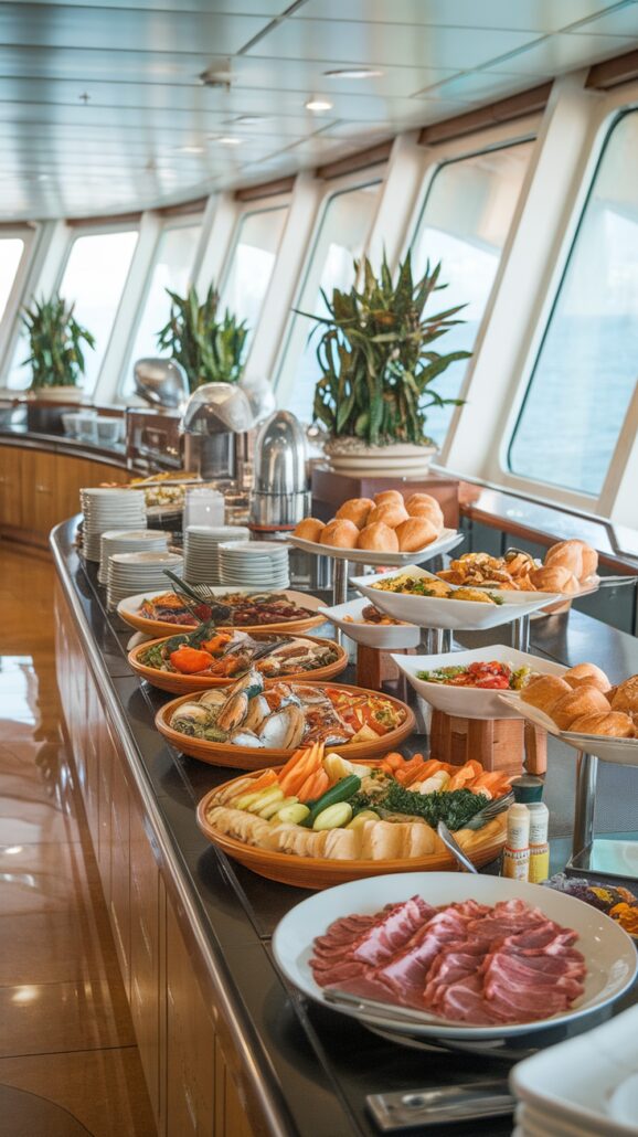A stress-free buffet with various dishes sprawls on a long table inside a room with large windows. Plates and cutlery are stacked at one end, and salads, breads, vegetables, and meats grace the platters. Potted plants line the window ledge in the background.