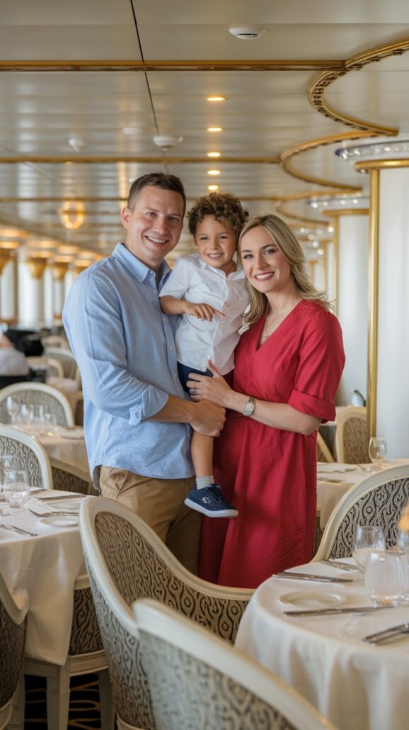 A family of three stands in a restaurant, embodying the carefree spirit of a Caribbean cruise. The man in a light blue shirt and tan pants holds their child in white, while the woman in a red dress stands beside them. Tables with white tablecloths and ornate chairs add to the stress-free ambiance.