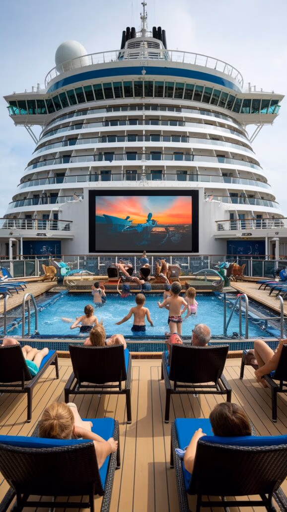 People sit on lounge chairs and swim in a small pool on the deck of a family-friendly Caribbean cruise ship. A large screen shows two people kayaking, promising ultimate fun. The towering ship structure looms in the background under a partly cloudy sky.