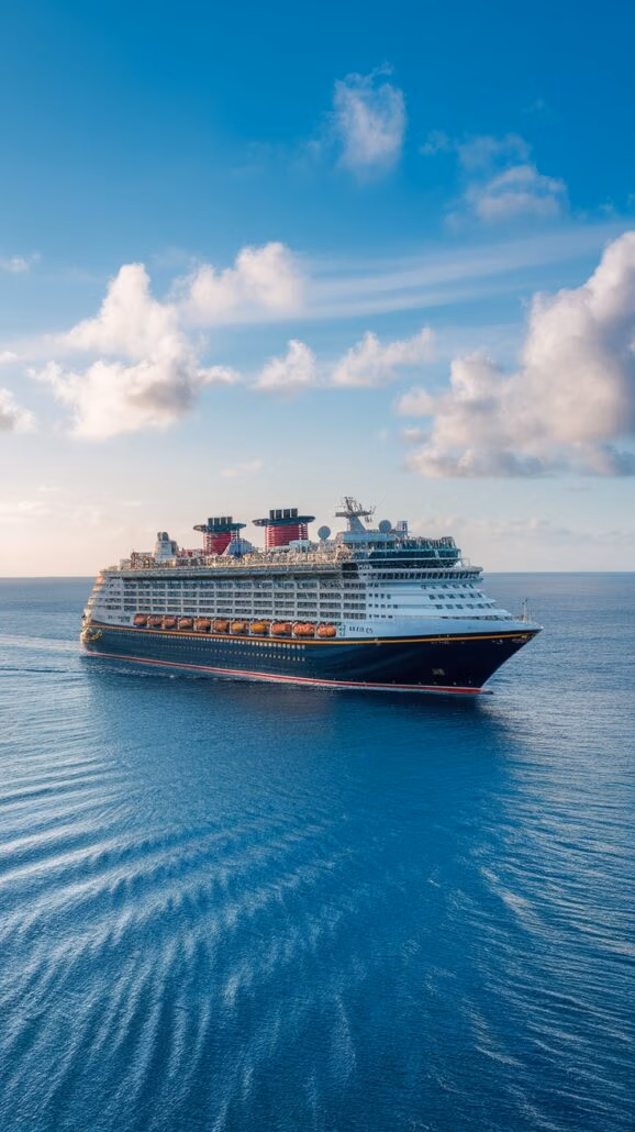 A large cruise ship glides on the open sea under a clear sky, embarking on an unforgettable Caribbean adventure. With red funnels and multiple decks, this essential family cruise sails through calm blue waters toward a horizon of endless possibilities.