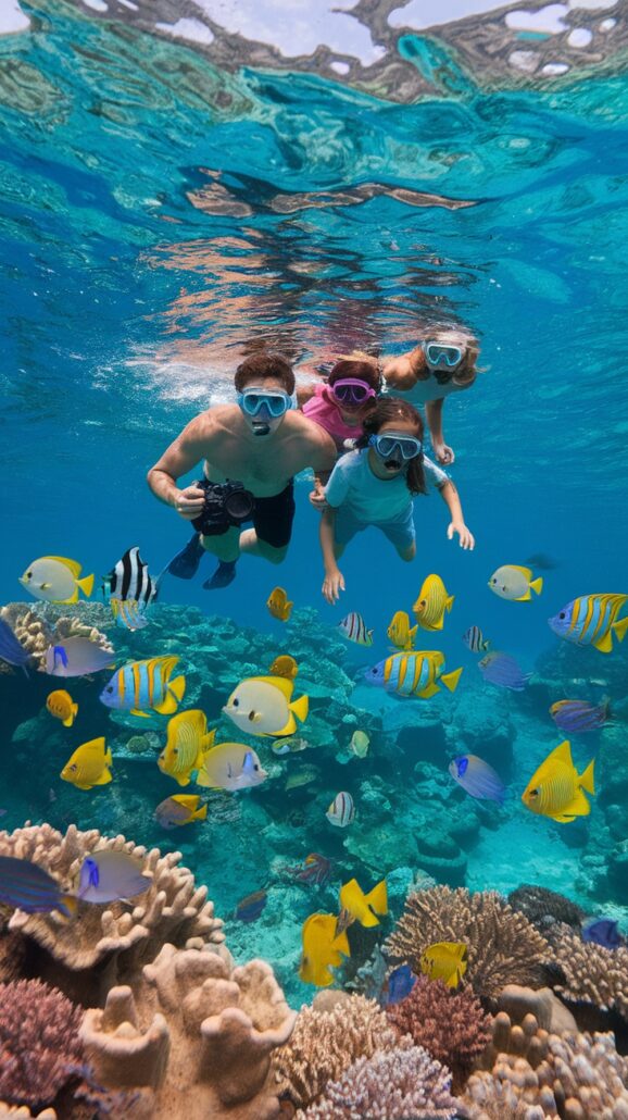 A family of four enjoys snorkeling in clear turquoise waters on a Caribbean cruise, surrounded by vibrant coral and colorful tropical fish. Wearing masks and fins, they explore the underwater scenery, creating lasting family bonds through shared adventures.