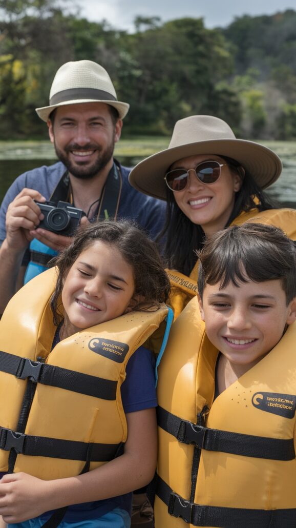 A group of four is outdoors on a Caribbean cruise, wearing life jackets. Two children in the foreground smile with eyes closed. Behind them, two adults in hats smile as one holds a camera, capturing memories of their family adventure. Green foliage and water create the perfect backdrop.