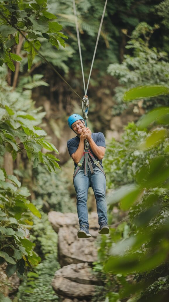 A person wearing a blue helmet and harness is zip-lining through a lush, green forest on a family cruise excursion in the Caribbean Islands. They are smiling and holding onto the zip line equipment, with dense foliage in the background.