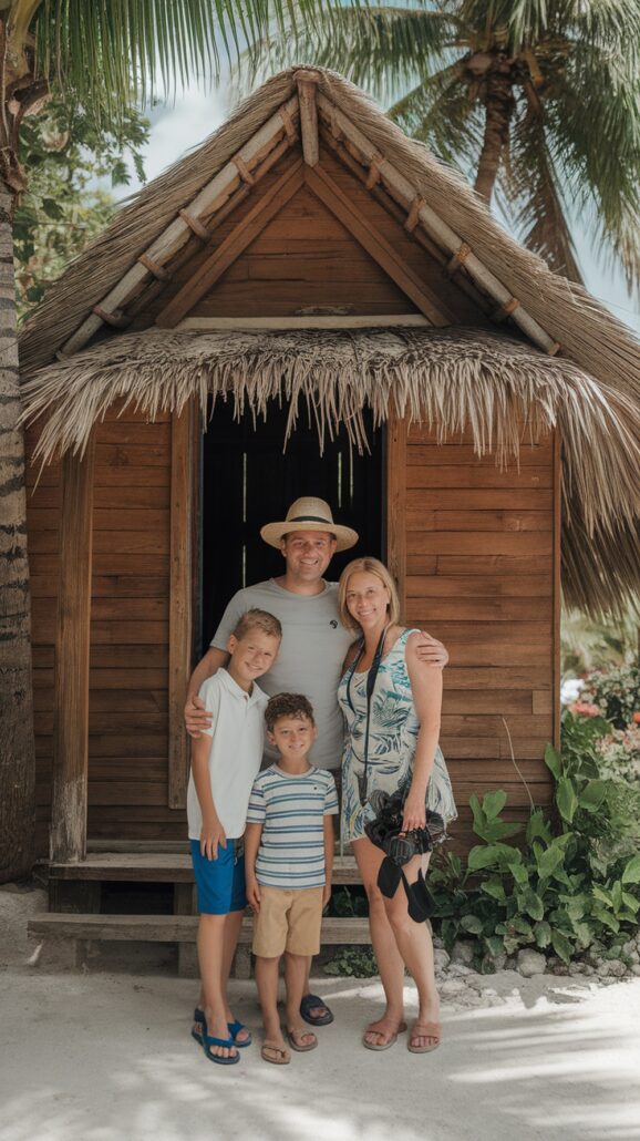 A family of four poses in front of a small wooden hut with a thatched roof, framed by palm trees hinting at their Caribbean cruise adventure. The adults stand behind two children, one holding a camera to capture their amazing journey.