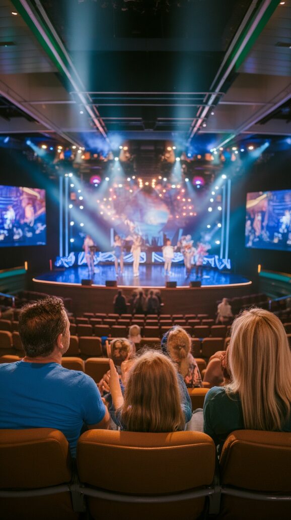 Audience members enjoy a stage performance under colorful lights, reminiscent of a Caribbean adventure. The theater, much like those on family cruises, features large video screens on both sides of the stage that display essential close-up views of the cast.