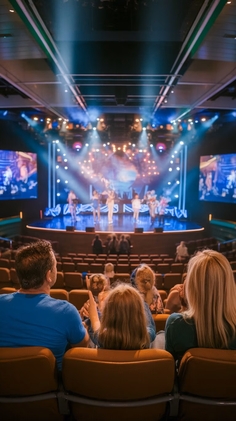 Audience members enjoy a stage performance under colorful lights, reminiscent of a Caribbean adventure. The theater, much like those on family cruises, features large video screens on both sides of the stage that display essential close-up views of the cast.