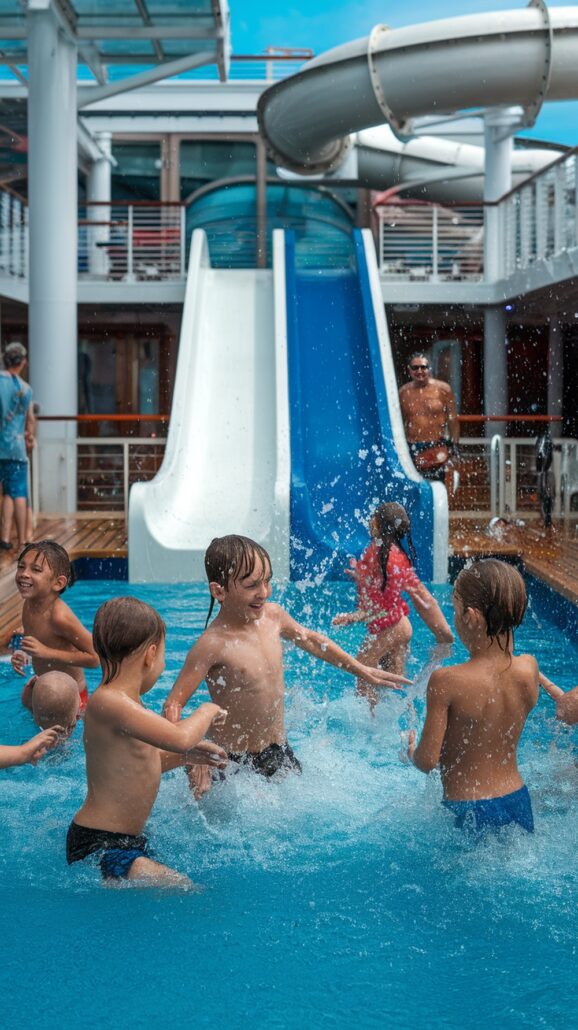 A group of children play energetically in a pool, splashing water on a memorable family vacation. There are two slides in the background, one white and one blue, reminiscent of a Caribbean cruise adventure. An adult stands nearby observing, while deck railings and a bright sky can be seen above.