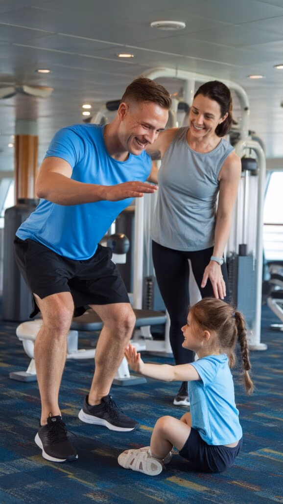 A man and woman in athletic attire enjoy gym time, the man squatting while smiling at a young girl on the floor. The woman stands nearby, beaming. It's an essential bonding moment, much like the joy found in a Caribbean adventure with family cruise hacks aplenty.