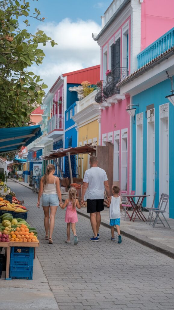 A family of four strolls down a colorful street lined with vibrant buildings, their bonds evident as the parents hold hands with two children. A fruit stand appears to the left under a partly cloudy sky, reminiscent of fun-filled activities found on a Caribbean cruise. The street is paved with cobblestones.