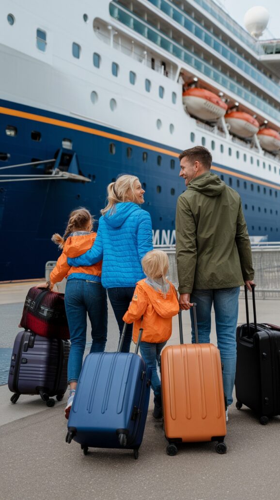 A family of four, dressed in casual jackets and jeans, walks toward a majestic cruise ship while pulling rolling suitcases. The ship, promising exciting adventures on a Caribbean family cruise, is docked beside them under an overcast sky.