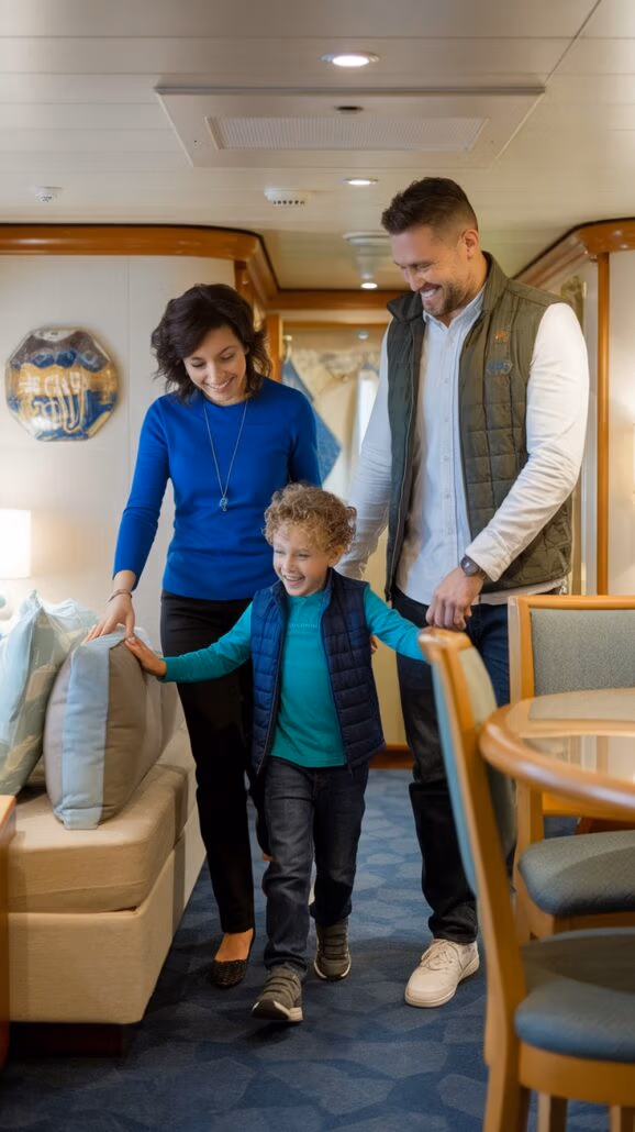 A woman, young boy, and man stroll through a well-lit interior space with wood-paneled walls and blue carpet. The child is in the middle, holding hands with both adults—a quintessential scene of togetherness. A round wooden table and chairs are partially visible.
