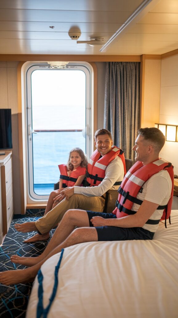 Three people donning red life jackets sit in a cozy cabin with a large window framing the sea, perfect for an unforgettable Caribbean adventure. The room features a bed, chair, curtain, and television, suggesting they're on a delightful family cruise.