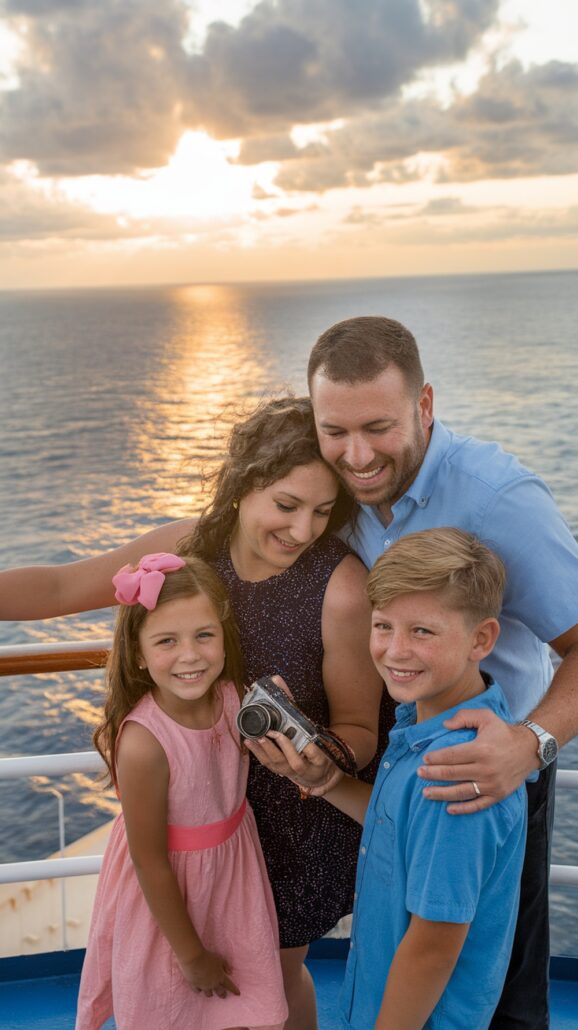 A family of four, two adults and two children, enjoys a Caribbean adventure on a ship's deck at sunset. With the sea and sky in the background, the adults hold a camera while everyone smiles, capturing their perfect family cruise moment.