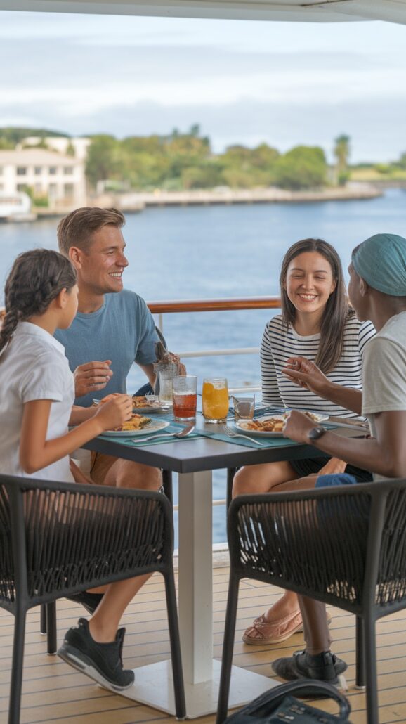 Four people are sitting at a table on a deck by the water, indulging in drinks and food while chatting. The background features trees and a building across the water. It's an essential moment of relaxation, like sharing secrets of family cruise hacks on a Caribbean adventure.