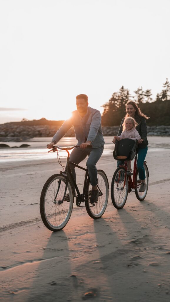 A man and a woman ride bicycles along a sandy beach at sunset, evoking the stress-free vibe of a Caribbean cruise. The man is on a black bike, while the woman rides a red one with a child seated in the rear. The low sun casts a warm glow over this joyful family scene.