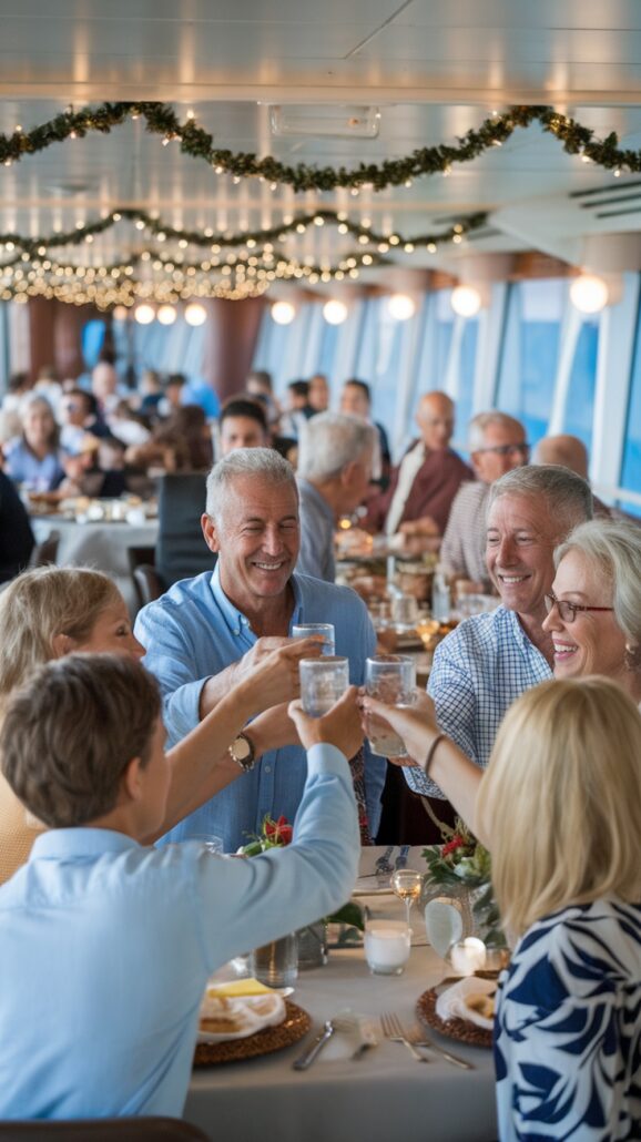 A group of people sitting at a long dining table raise their glasses in a toast, celebrating the joy of family bonds. The room is decorated with garlands and string lights, suggesting a festive gathering, while other guests enjoy activities at tables in the background.