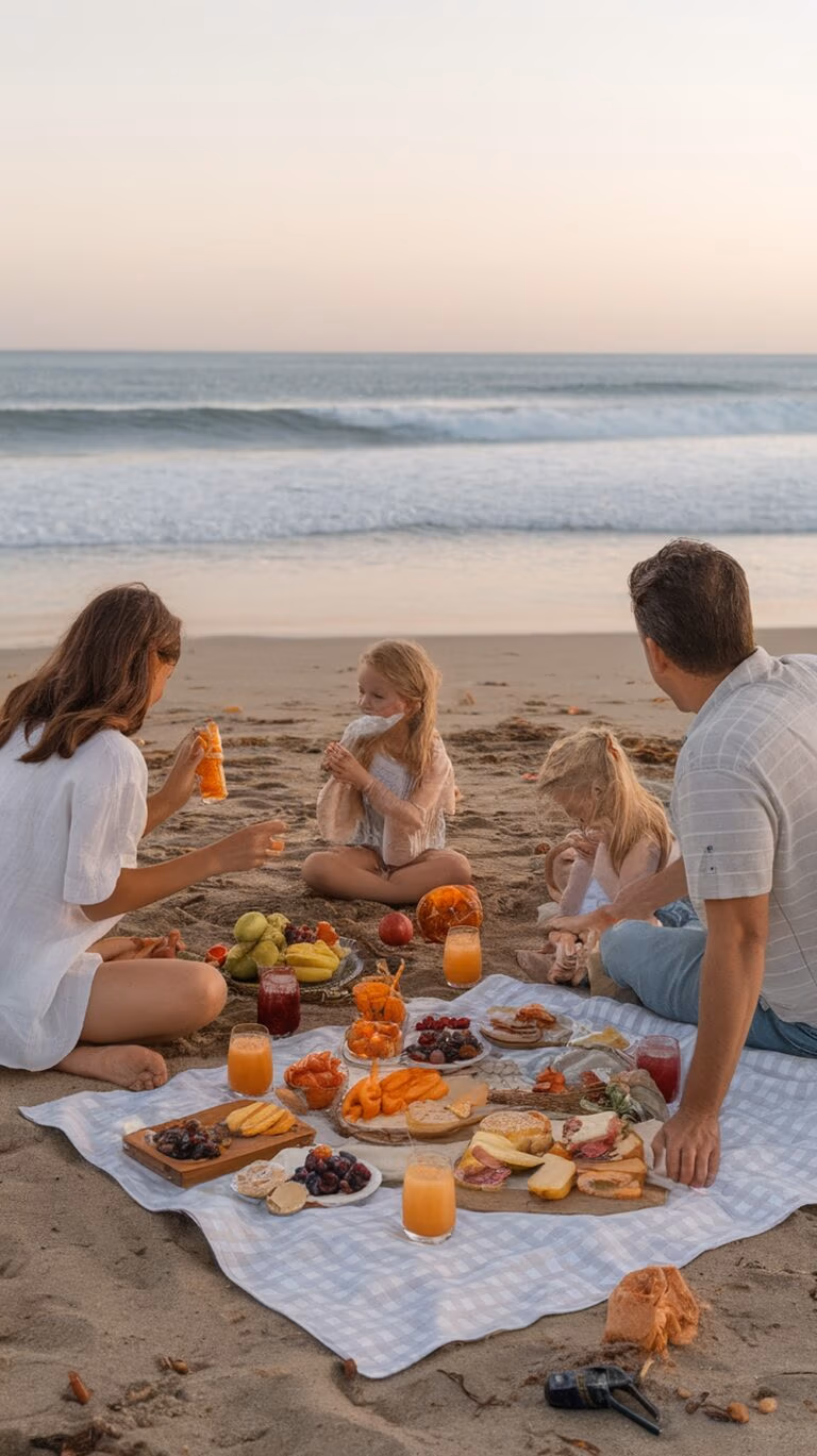 A family of four sits on a checkered blanket enjoying a picnic on a Caribbean beach. The spread includes fruits, cheese, and drinks. The ocean waves are visible in the background under a clear sky, creating unforgettable memories.