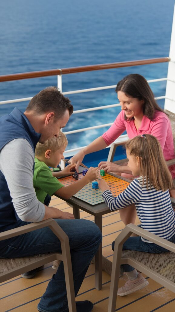 A man, woman, boy, and girl sit on a deck overlooking the ocean, enjoying a board game as part of their dream vacation. The man and boy sit on the left, while the woman and girl are on the right. The serene ocean backdrop adds to their perfect Caribbean cruise experience.