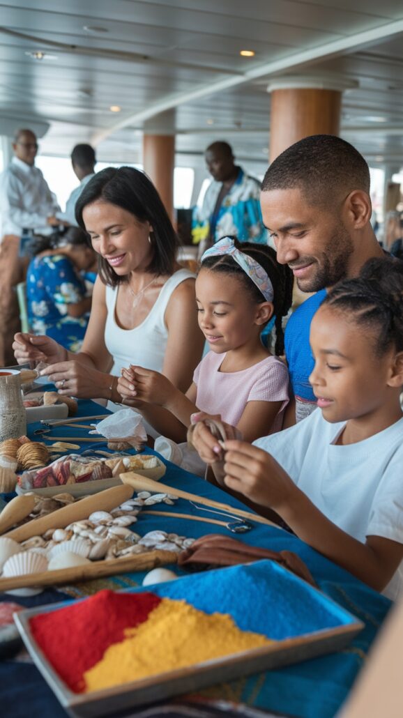 A family of four enjoys arts and crafts with shells and colored sand, surrounded by others in a lively, well-lit room. It's the perfect inspiration for your next adventure. Book today for a memorable family Caribbean cruise.