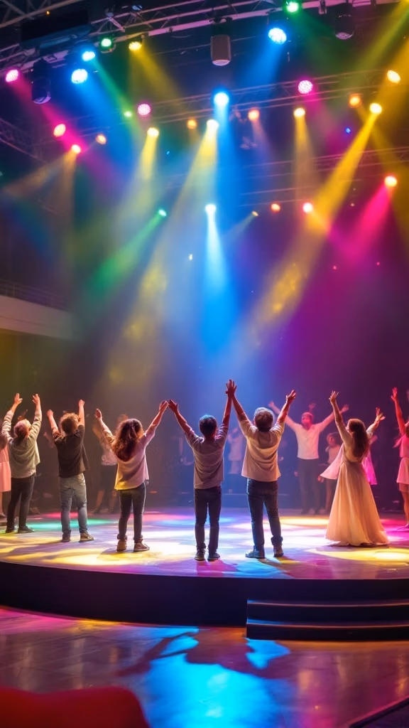 A group of children stand in a circle under colorful stage lights, their arms raised overhead. Bright beams of red, green, blue, and yellow illuminate the scene like a festive Caribbean cruise deck packed with family bonding activities and lively games.