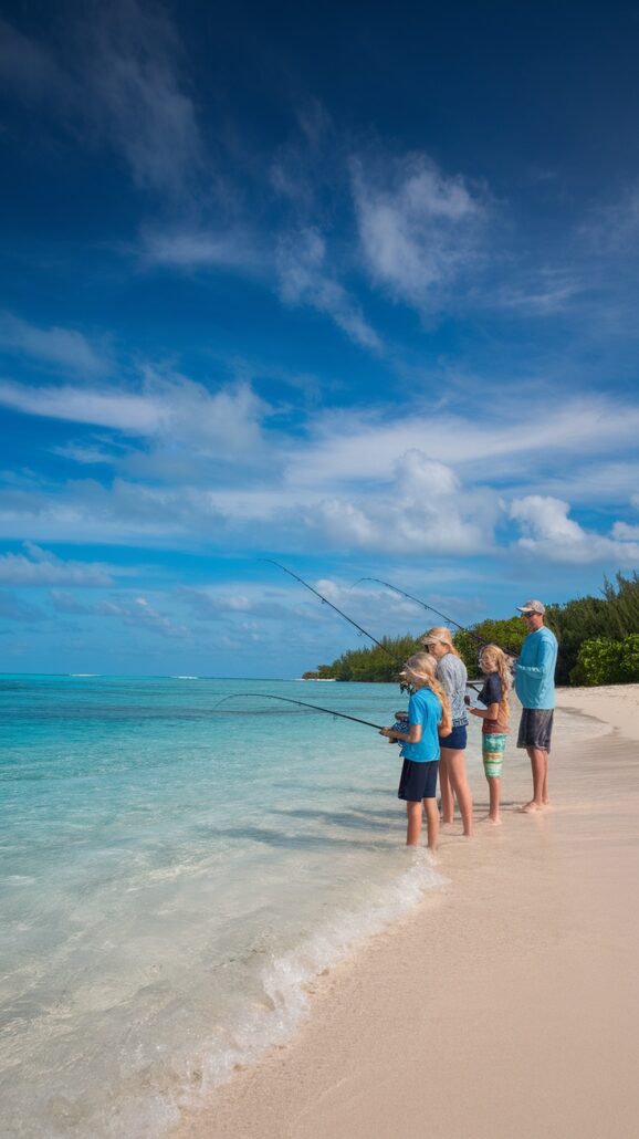 A family of four, including two adults and two children, enjoy a Caribbean cruise stop, standing on a sandy beach with clear blue water, fishing rods in hand. The sky is partly cloudy and the shoreline is lined with greenery—a perfect setting for family bonding activities.