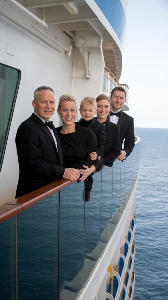A group of five, including a child, stand side by side on a cruise ship deck. Decked out in black formal attire against the ocean backdrop, the scene captures elegance and serenity. One woman in the center holds the child, embodying moms' needs with grace this Caribbean cruise naturally satisfies.