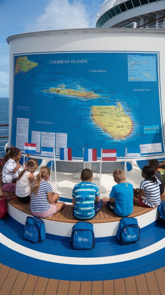 Children sit on a round bench in front of a large map of Caribbean islands displayed on a wall, their blue backpacks beside them. They're engrossed in travel lessons, with several small flags set up nearby, sparking dreams of future Caribbean cruises.