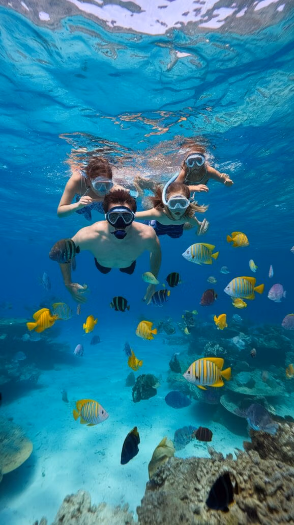 Three people snorkeling in the crystal-clear waters of a Caribbean cruise, surrounded by colorful fish and coral. Clad in swimwear and goggles, they explore the vibrant marine environment, where tropical fish dart around—a perfect snapshot of an unforgettable travel adventure.