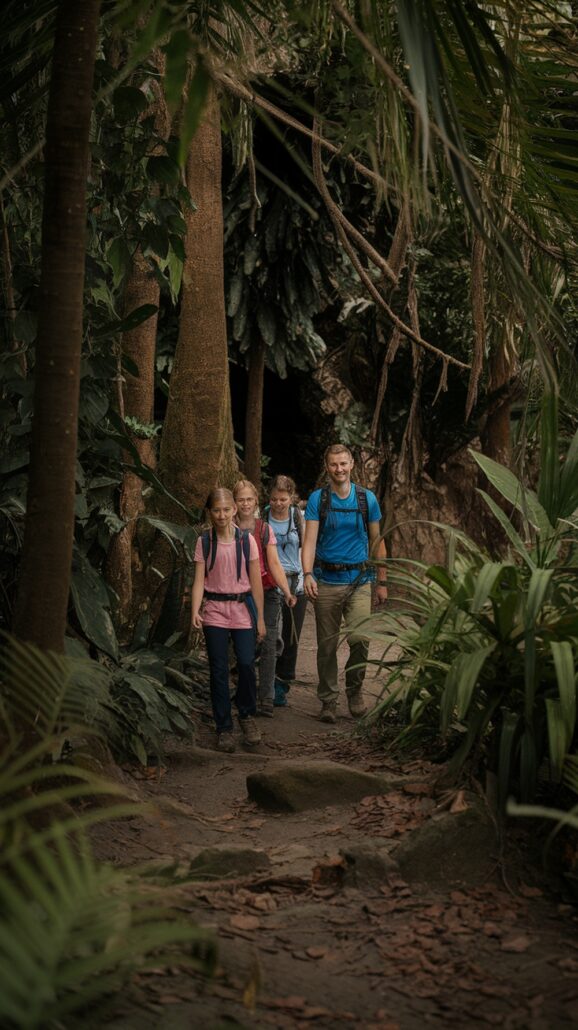 A group of four people with backpacks strolls along a dirt path in a dense forest, akin to an adventure off the beaten path of Caribbean cruise itineraries. Surrounded by tall trees and lush foliage, the leader wears a blue shirt, followed by others in light-colored tops.