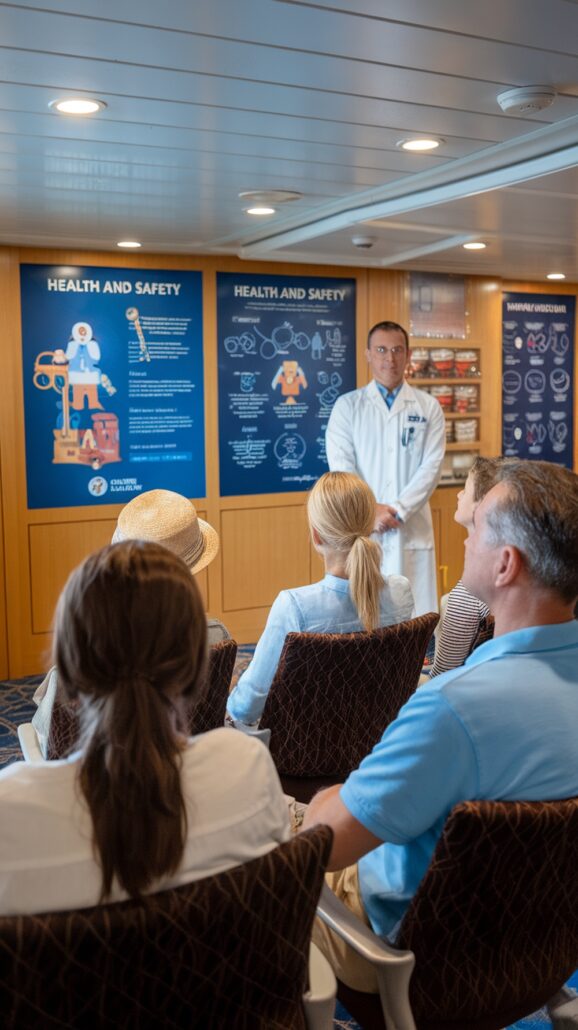 A doctor in a white coat speaks to a small audience seated in a room, offering essential tips for staying healthy during travel. Behind the doctor are two large health and safety posters featuring illustrations and diagrams, while the casually dressed audience listens attentively, some wearing hats.