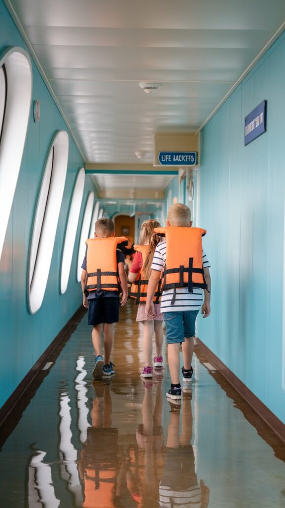 Three children in orange life jackets walk down a ship's corridor, embarking on travel lessons of a lifetime. The blue walls and round windows frame signs reading "Life Jackets" and "Emergency Exit" above them, while the reflective floor underlines their Caribbean cruise adventure.