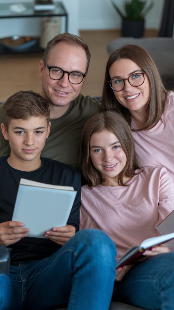 A family of four snuggles on a couch, with the parents in glasses behind their teens, who are each captivated by a book about an unforgettable Caribbean adventure. They're indoors, against a blurred backdrop of furniture and lush plants, dreaming of their essential family cruise.