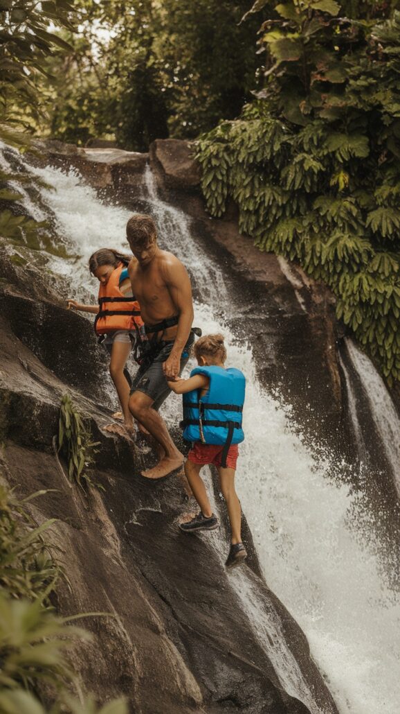 A man and two children wearing life jackets expertly navigate a rocky waterfall path on their family cruise adventure. Holding one child's hand for guidance, he's surrounded by lush greenery, creating a breathtaking natural backdrop reminiscent of Caribbean cruise itineraries.
