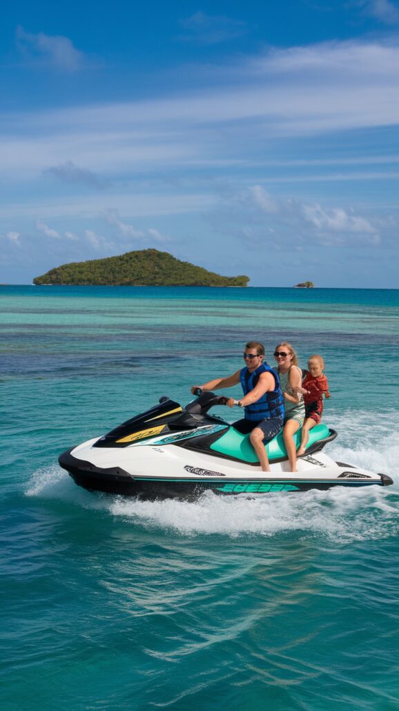 Three family members are riding a jet ski in a tropical paradise. The clear turquoise waters of their Caribbean cruise shimmer, with a small island in the background. Fluffy clouds dot the sky as the jet ski creates white waves, making their adventure full of exciting activities.
