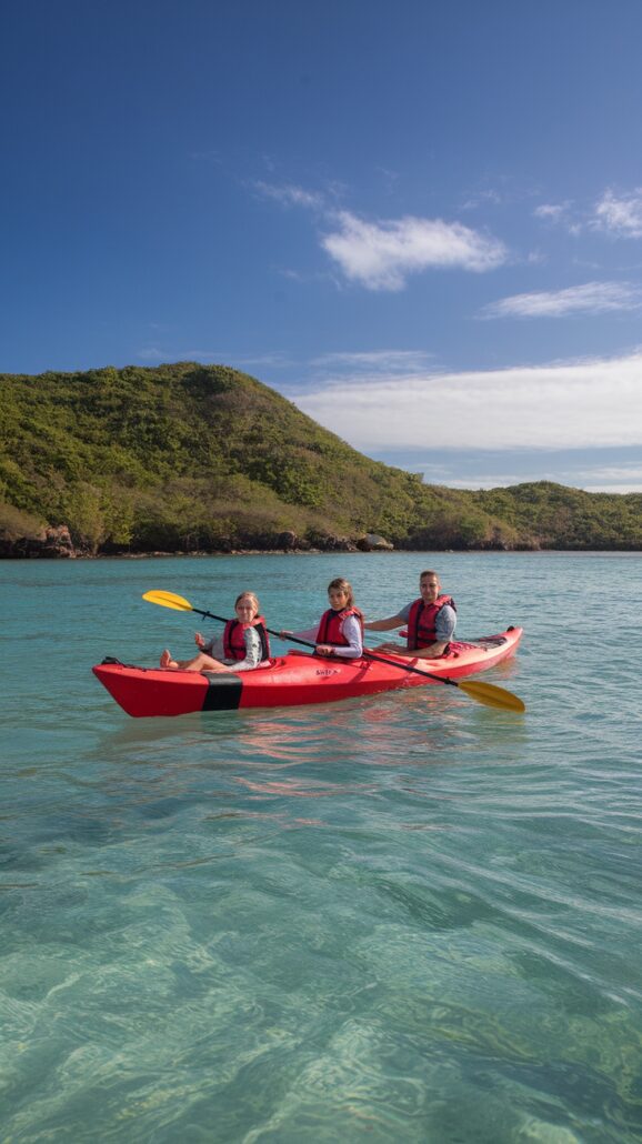 Three people wearing life jackets are kayaking in a red kayak on clear turquoise water, offering inspiring reasons to join this adventure. A forested island frames the scene under a blue sky with few clouds. Book today for an unforgettable experience!.