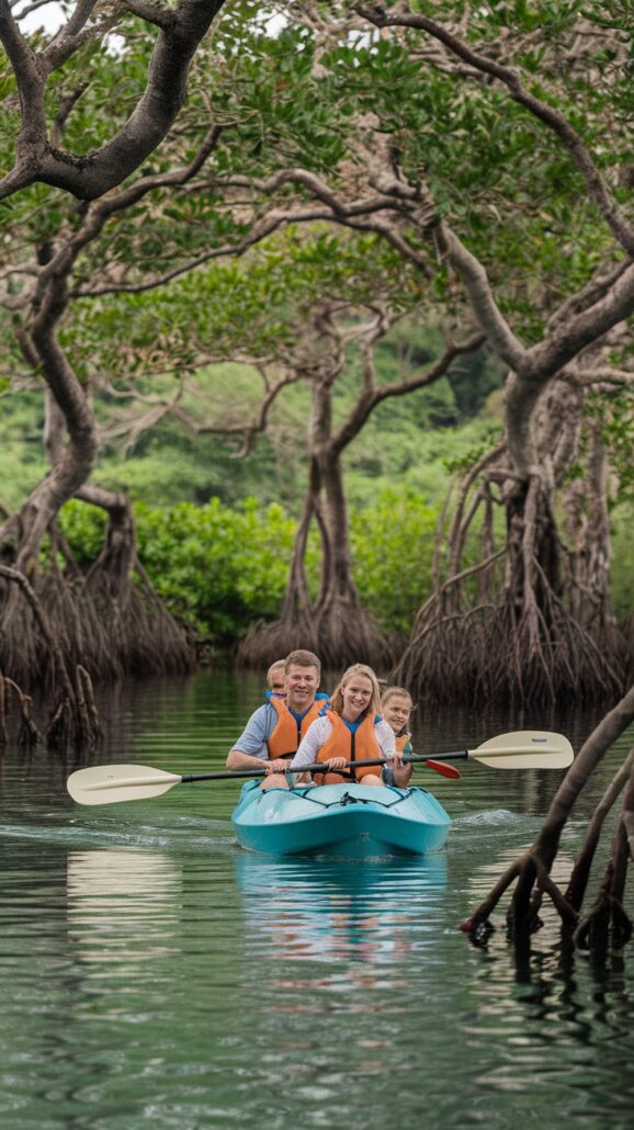 A family of four wearing life jackets paddles a blue kayak through a narrow waterway lined with mangrove trees, experiencing unforgettable adventures. The parents are in the front and back, with two children seated between them. The calm waters provide an ideal setting for adventures for kids.