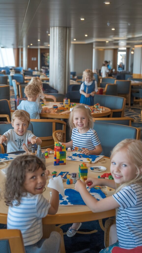 A group of children is seated around a table in a room with wooden chairs and tables. They are playing with colorful building blocks and crafts, an essential part of their day. The room has windows and a patterned carpet, as the smiling children remain happily engaged in play.