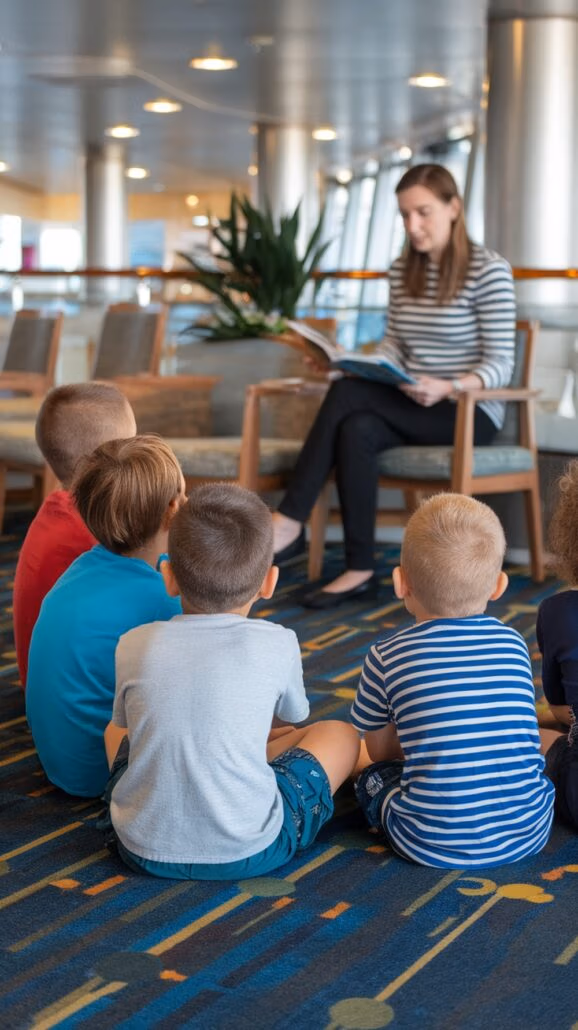 A woman sitting on a chair is reading a book to a group of young children seated on the floor, sharing stories of an unforgettable Caribbean adventure. The setting appears to be a well-lit room with chairs and a plant in the background, as the children listen attentively, captivated by every word.