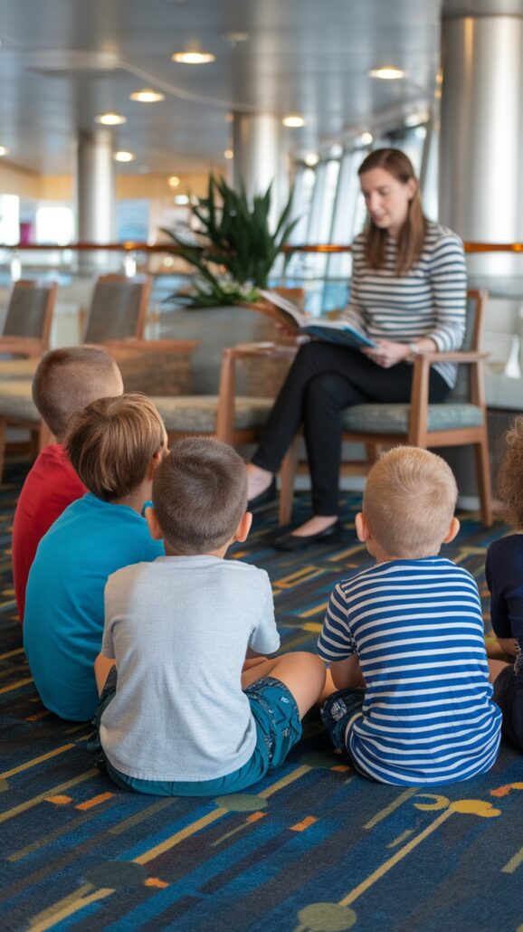 A woman sitting on a chair is reading a book to a group of young children seated on the floor, sharing stories of an unforgettable Caribbean adventure. The setting appears to be a well-lit room with chairs and a plant in the background, as the children listen attentively, captivated by every word.