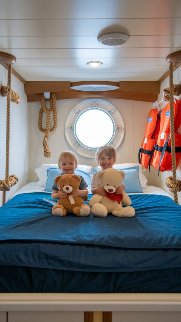 Two children sit on a bed in a nautical-themed room, each holding a teddy bear, embodying the joy of a stress-free atmosphere. The bed, framed by ropes and blue bedding, mimics a Caribbean cruise cabin. A round window and life jackets add to the maritime charm as both children smile brightly.