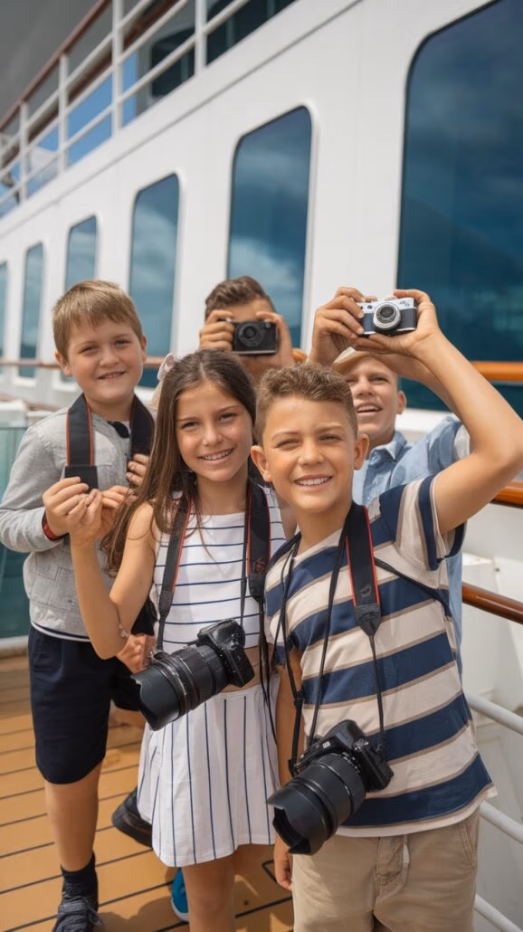 A group of five kids on a ship's deck pose for a photo during their Caribbean cruise. Smiling and holding cameras, some point towards the viewer. The backdrop features the ship's exterior with large windows and a wooden railing, capturing the joy of travel lessons at sea.