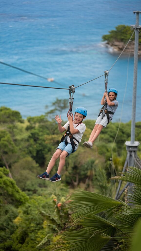 Two kids, donned in helmets and harnesses, zip line over a lush tropical landscape with the ocean in view, capturing the thrilling adventures and travel lessons of a Caribbean cruise. One child waves as they soar above dense, green foliage.