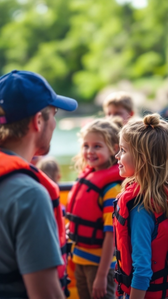 A man in a blue cap and gray shirt stands facing two smiling children wearing red life jackets, perhaps imparting travel lessons. The background shows blurred greenery and water, hinting at a serene scene possibly from a Caribbean cruise.
