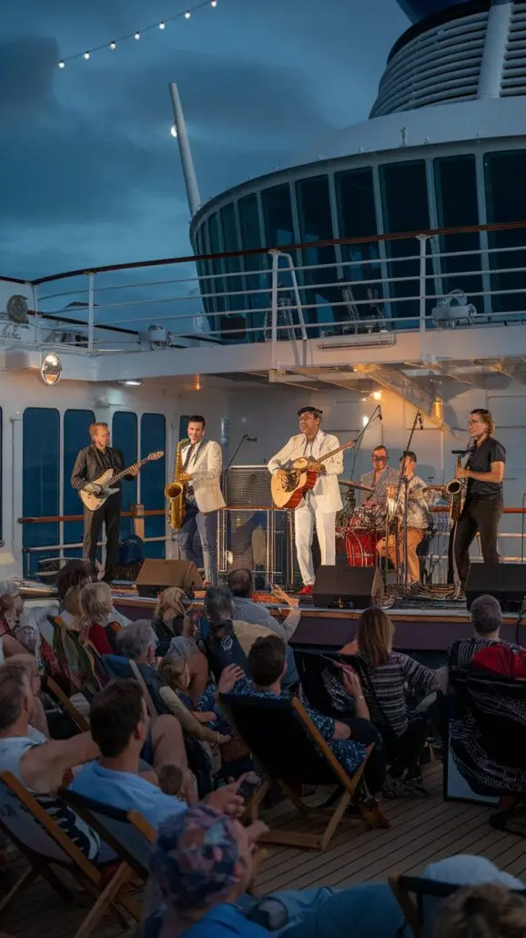 As the band performs on the deck of a Caribbean cruise at dusk, guests unwind in deck chairs, enchanted by the guitarist, saxophonists, bassist, and drummer. The ship's funnel and string lights twinkle in the background, creating a captivating ambiance for an unforgettable evening.