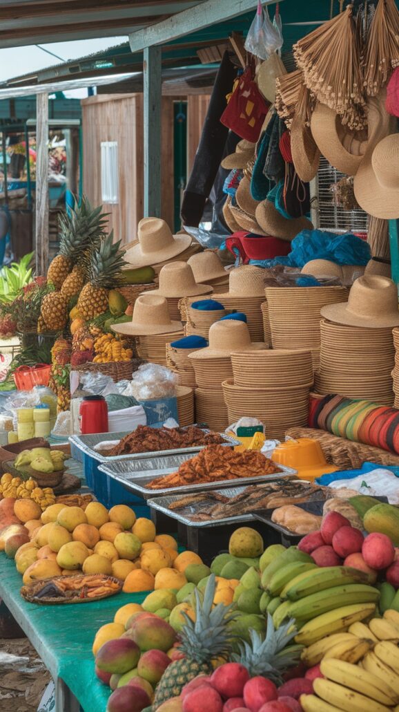 A market stall showcases tropical fruits—pineapples, mangoes, bananas, and avocados. Straw hats are stacked alongside trays of prepared food and colorful woven mats, evoking vibrant scenes that inspire you to book a cruise for a family Caribbean adventure.