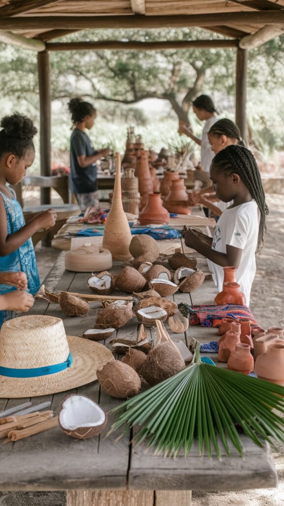Children are immersed in unforgettable adventures at a craft workshop outdoors, gathered around a wooden table adorned with cracked coconuts, clay pots, and palm leaves. A straw hat and handcrafted items can be spotted amidst the Caribbean cruise setting. Trees and more participants bustle in the background.