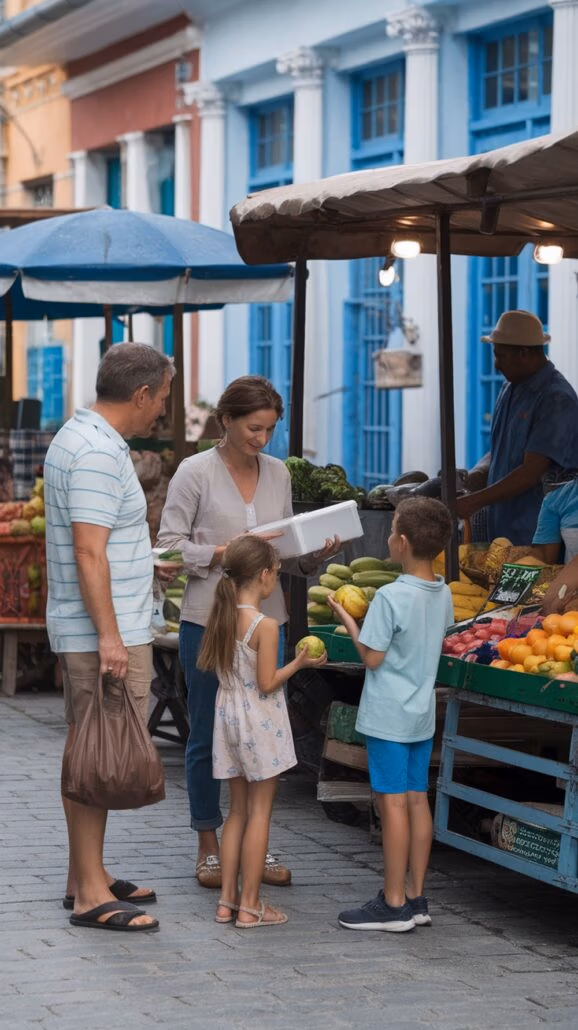 A family of four, two adults and two children, is enjoying an essential outing at an outdoor market with fresh produce displayed on tables. The woman holds a box while the kids eye vibrant fruits, reminiscent of their recent Caribbean adventure. A vendor stands ready behind the stall.