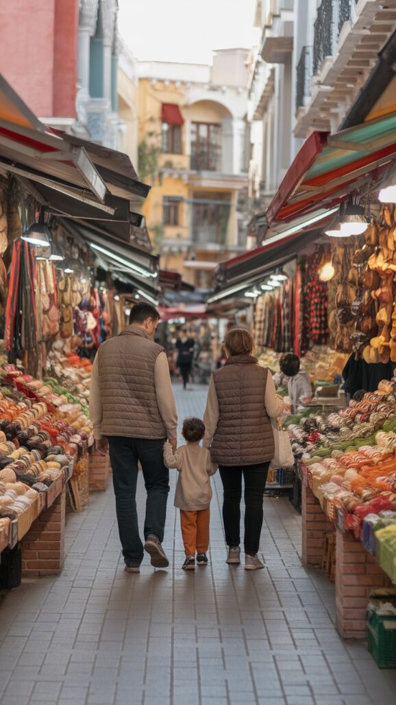 A family of three, all wearing warm clothing, embarks on unforgettable adventures as they walk hand in hand through a bustling market aisle lined with colorful textiles and yarns. The outdoor market's brick-paved street and overhead awnings set the perfect scene for their journey.
