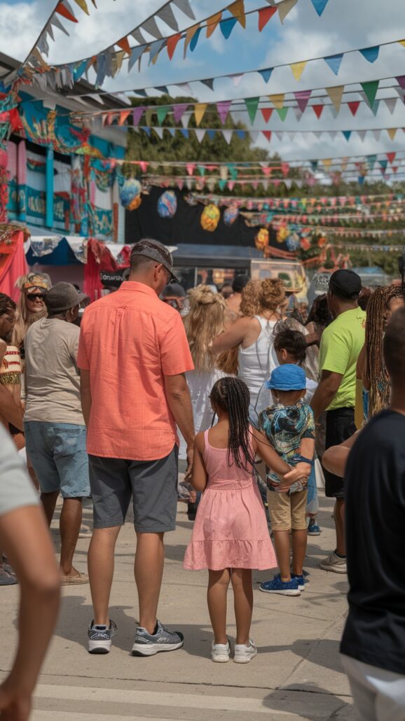 A man and a young girl, both in summer clothes, hold hands while walking through a bustling outdoor festival. Strengthening family bonds under colorful banners and flags, they enjoy the lively activities as people gather casually and booths bustle with energy in the background.