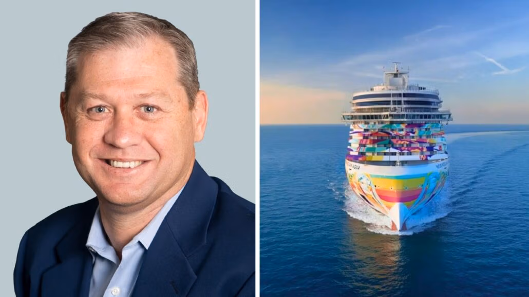 Split image: On the left, a portrait of a smiling person in a suit against a plain background. On the right, Norwegian Aqua, NCL's latest ship, sails gracefully on calm blue water under a clear sky.